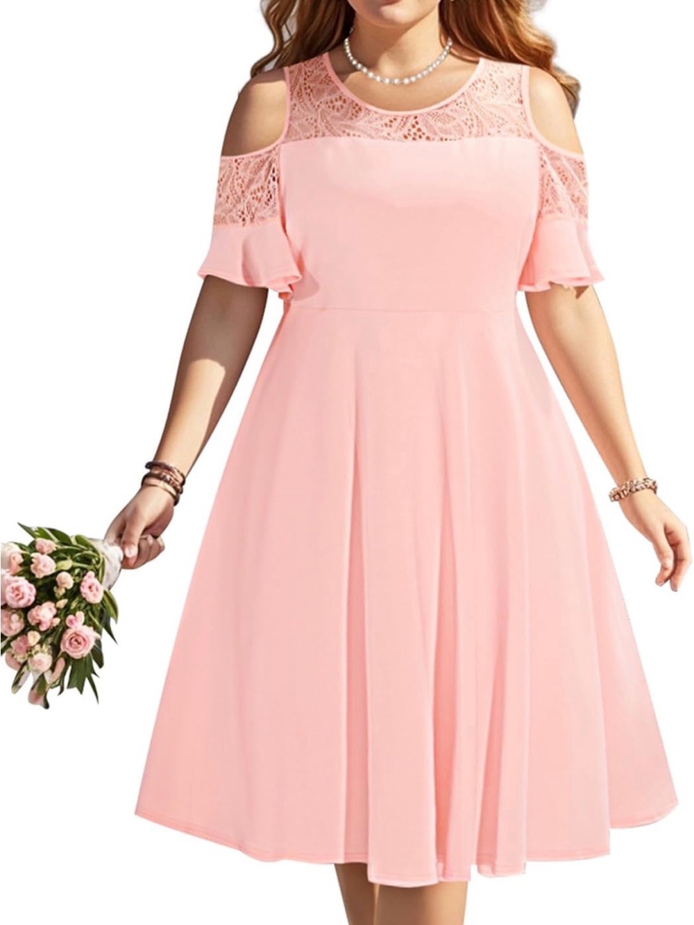 Women’s Cold-Shoulder Lace Yoke Pink Dress Pinup Fashion
